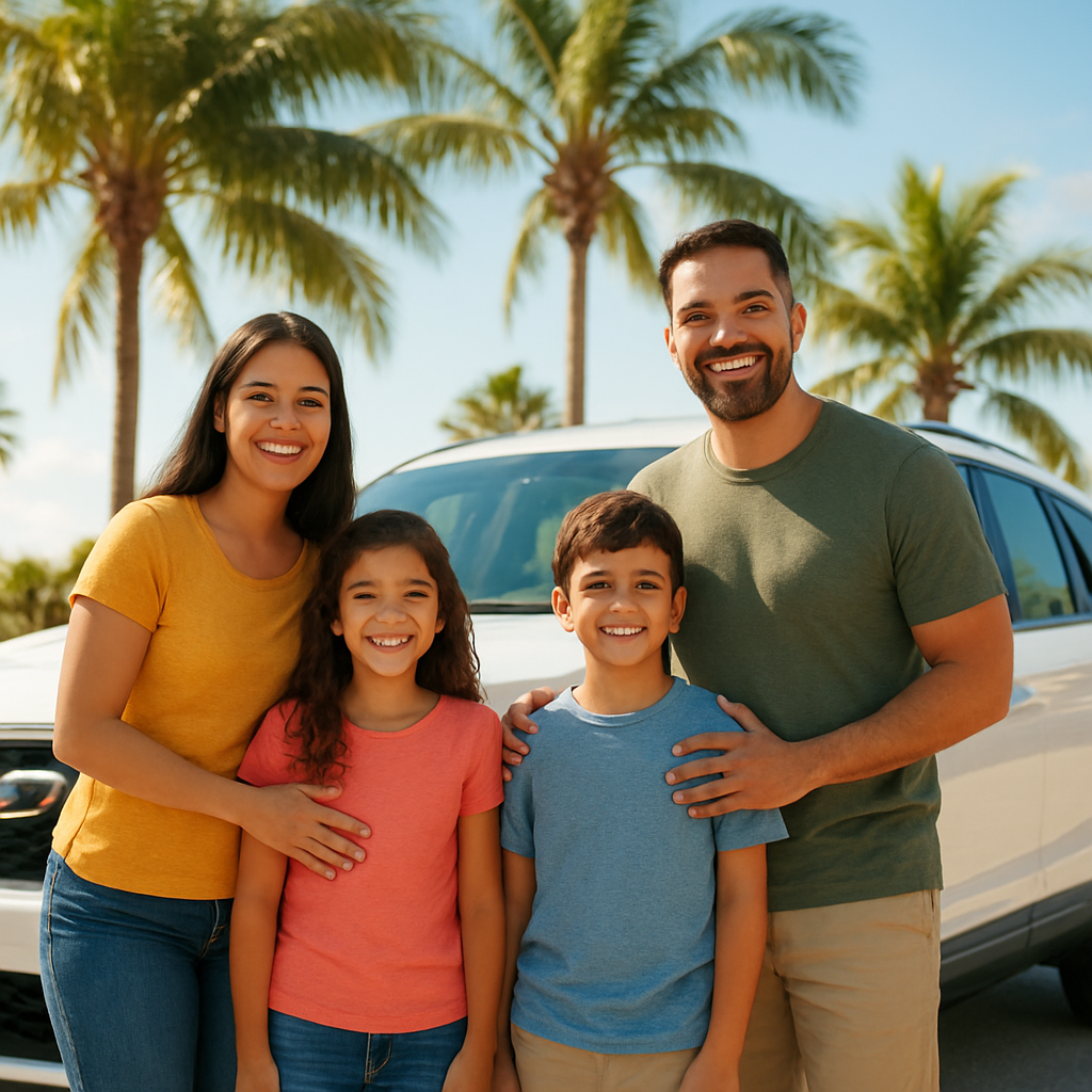 Família brasileira feliz ao lado de um SUV moderno em Orlando
